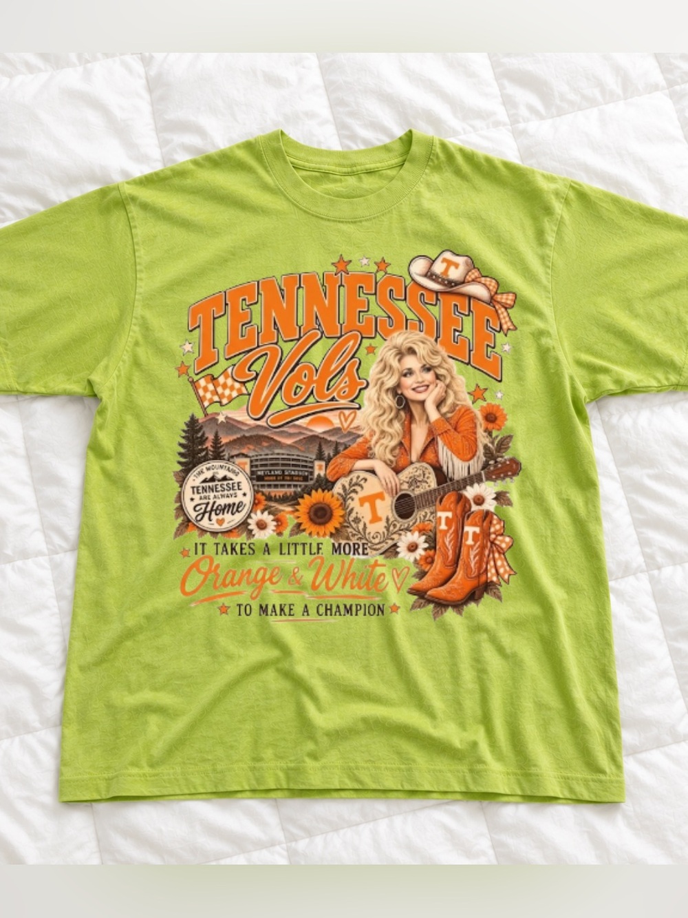 Tennessee Vols Dolly Graphic Tee - Lime Green & Orange, Vintage Shirt